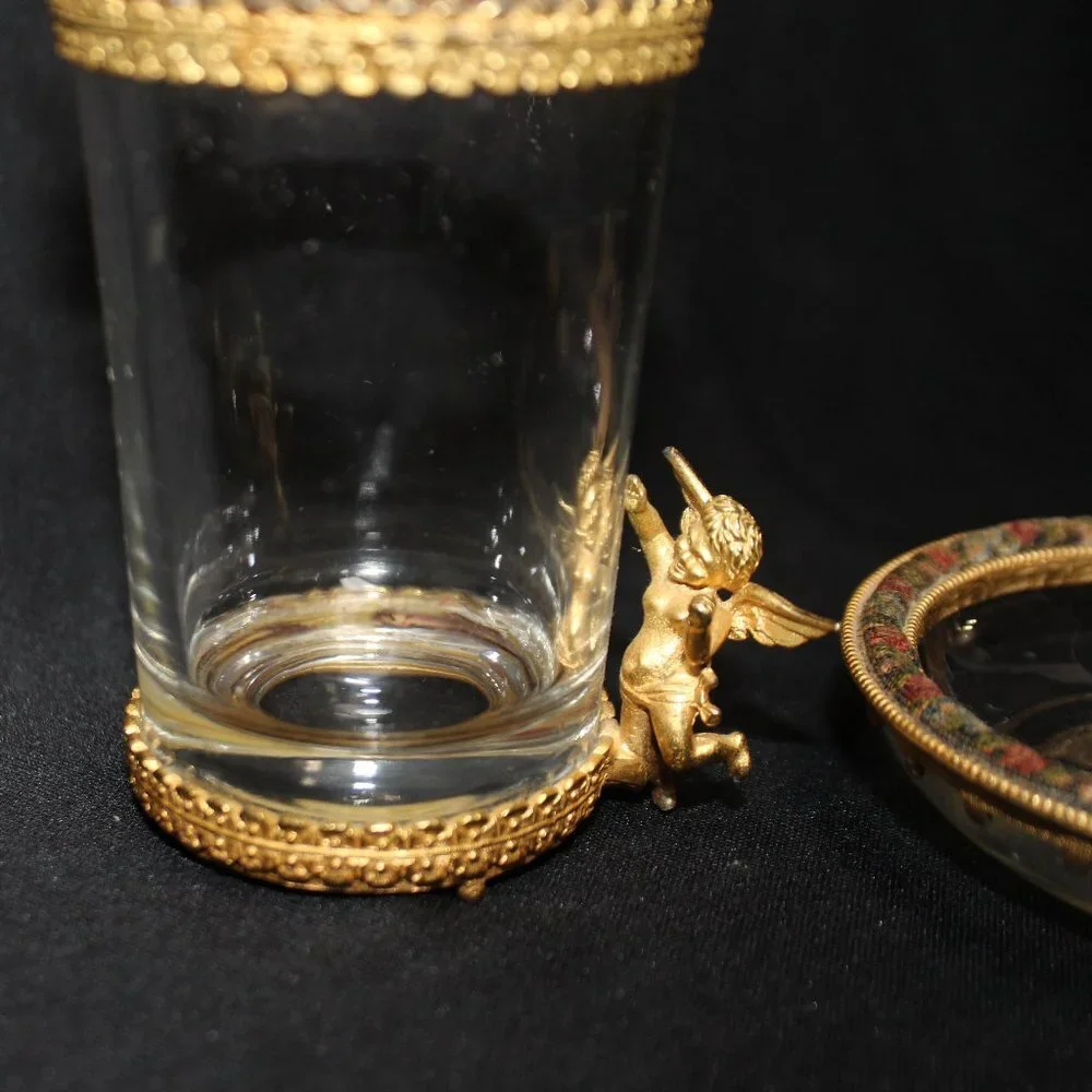 Vintage Golden Cherup Vanity Trinket Dish and Glass